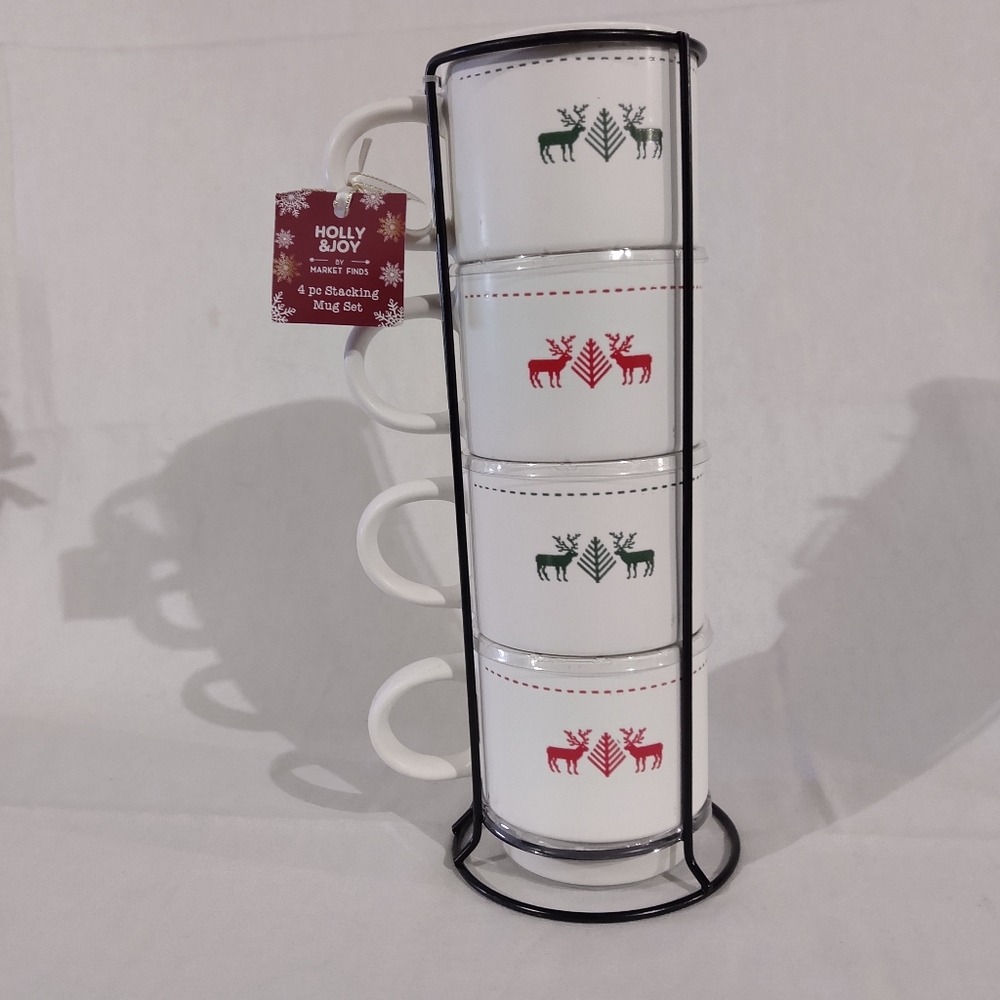 NEW Holly & Joy by Market Finds 4 PC Mug Set " Moose and Tree"